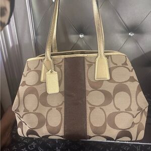 $328 Coach Signature Carryall Medium/ Large Tote Bag Khaki Gold Excellent